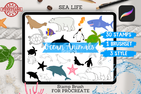 Download Ocean Animals Stamps Brushes Procreate - Stamp Collection