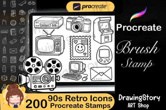 Download 90s Retro Everyday Icons Procreate Stamp - Stamp Collection