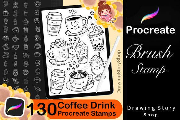Download 130 Kawaii Coffee Drink Procreate Stamps - Stamp Collection