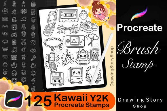 Download 125 Kawaii Y2K Procreate Stamps - Stamp Collection