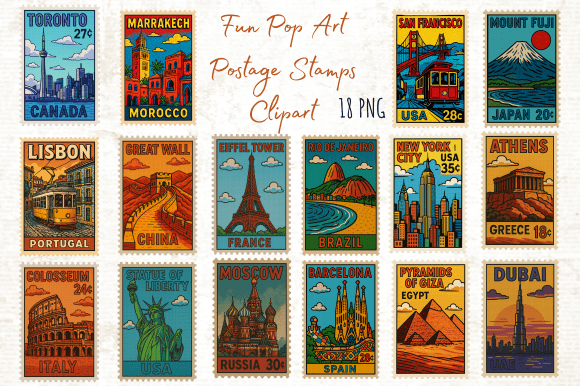 Download Fun Pop Art Postage Stamps Clipart PNG - Stamp Collection