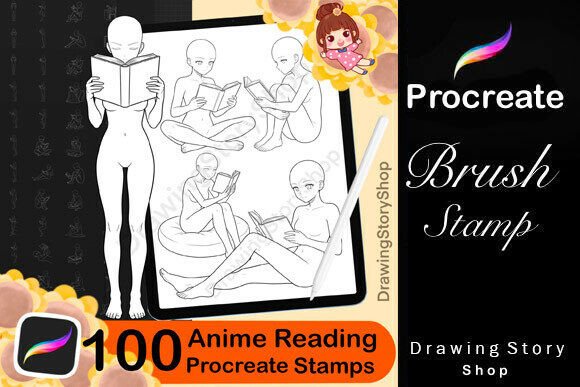 Download 100 Anime Reading Poses Procreate Stamps - Stamp Collection