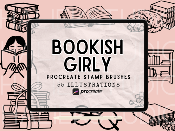 Download Bookish Girly Procreate Stamps Brush Set - Stamp Collection