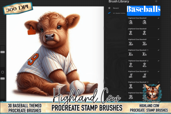 Download Baseball Highland Cow Procreate Stamps - Stamp Collection